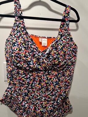 Anne Cole Navy/Orange Floral V-Swim Tankini top with Multicolor Print 22W
